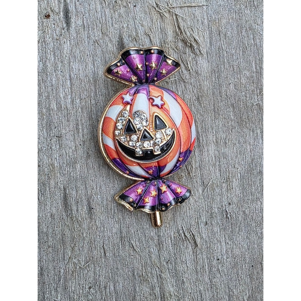 Halloween Jack-O-Lantern Candy Brooch Enamel Rhinestone Pumpkin Pendant Pin